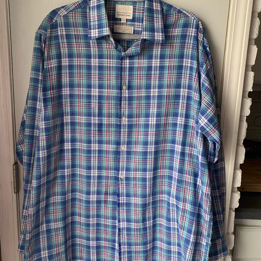 Viyella Bullock & Jones blue Long sleeve plaid cotton button up dress shirt